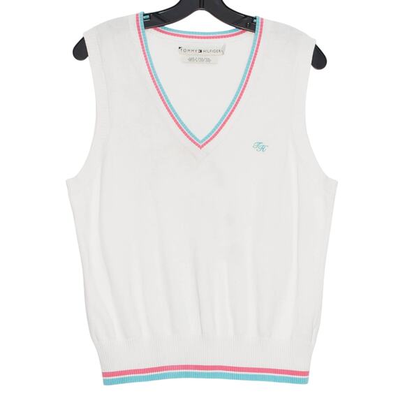 Vintage Tommy Hilfiger Sweater Vest Preppy Tennis Academia Y2K Retro White XL - Picture 1 of 7